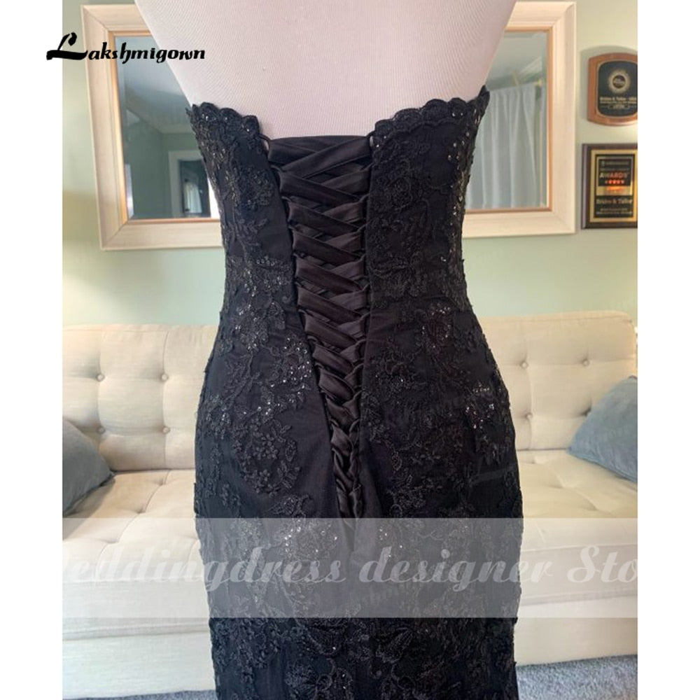 Baoleely Baoleely 2022 Elegant Gothic Wedding Dresses with Cape Veil Black Strapless Bridal Gowns with Sequins Floral Lace robe mariage femme