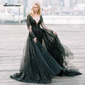 Baoleely Gothic Design Black Wedding Dresses Long Sleeve Deep V Neck Appliqued Lace Tulle A Line Vintage Bridal Gowns Vestidos De Noiva