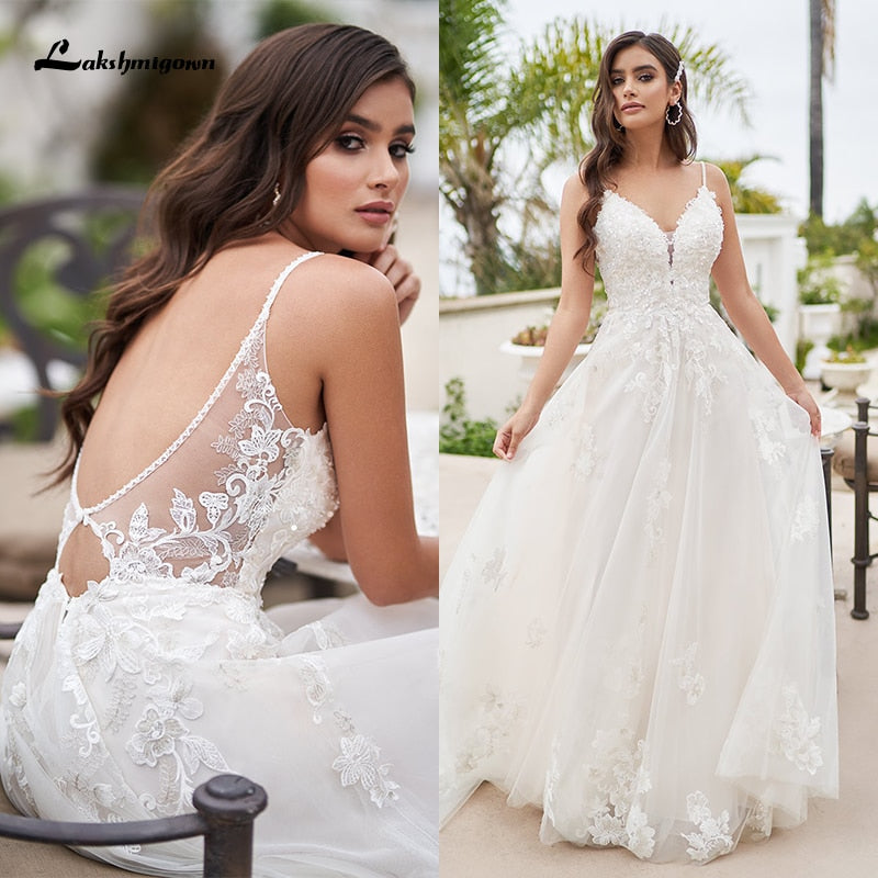 Baoleely Vintage A-Line Beach Wedding Dress With Beaded Floral Lace Appliques Simply Spaghetti Straps Boho Bridal Gown robe de mariee