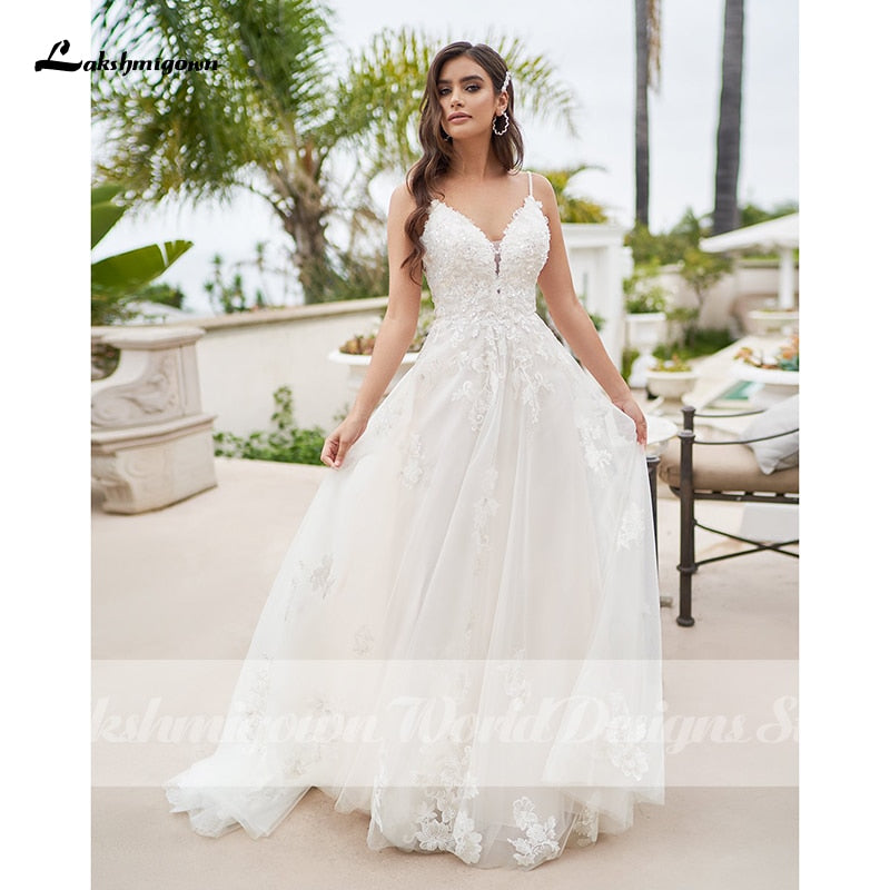 Baoleely Vintage A-Line Beach Wedding Dress With Beaded Floral Lace Appliques Simply Spaghetti Straps Boho Bridal Gown robe de mariee