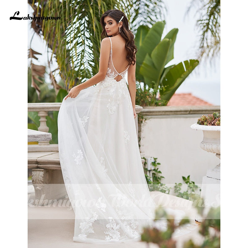 Baoleely Vintage A-Line Beach Wedding Dress With Beaded Floral Lace Appliques Simply Spaghetti Straps Boho Bridal Gown robe de mariee