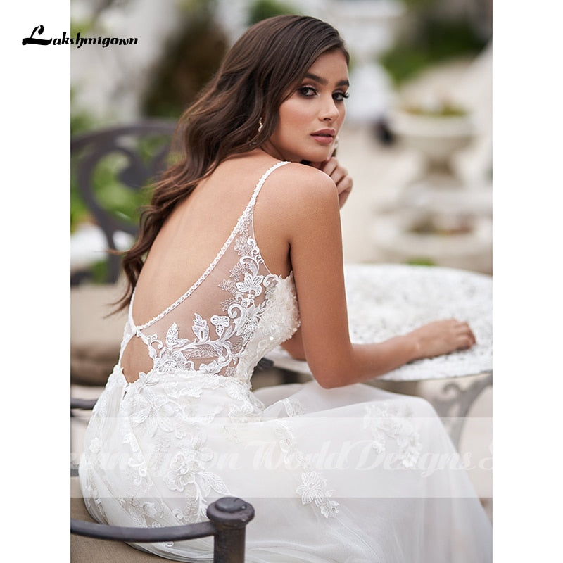 Baoleely Vintage A-Line Beach Wedding Dress With Beaded Floral Lace Appliques Simply Spaghetti Straps Boho Bridal Gown robe de mariee