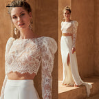 Baoleely Two pieces Wedding Dresses  Civil Boho Wedding Gowns Lace Top Long Sleeves Front Split dress princess white Lakshmigown