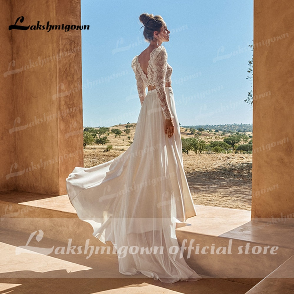 Baoleely Two pieces Wedding Dresses  Civil Boho Wedding Gowns Lace Top Long Sleeves Front Split dress princess white Lakshmigown