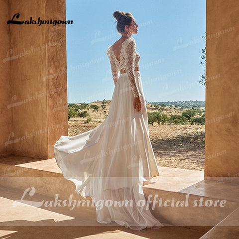 Baoleely Deux pièces Robes de mariée Civil Boho Robes de mariée Haut en dentelle Manches longues Robe fendue sur le devant Princesse blanche Lakshmigown