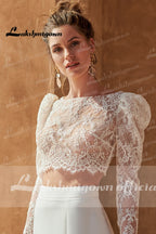Baoleely Two pieces Wedding Dresses  Civil Boho Wedding Gowns Lace Top Long Sleeves Front Split dress princess white Lakshmigown