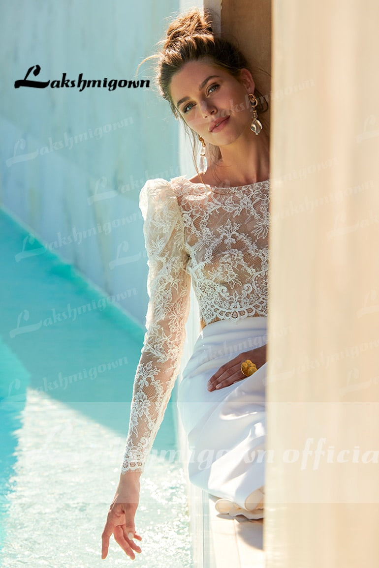 Baoleely Two pieces Wedding Dresses  Civil Boho Wedding Gowns Lace Top Long Sleeves Front Split dress princess white Lakshmigown