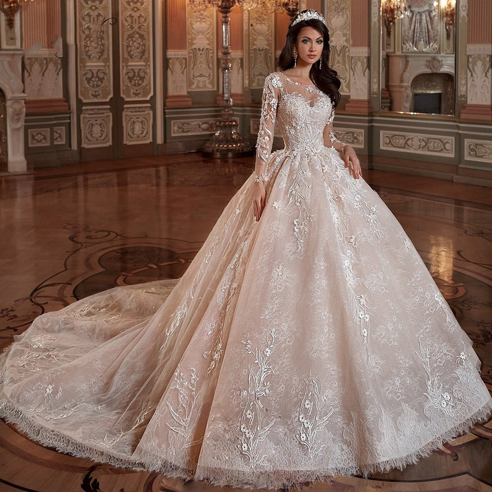 Baoleely Vestidos de noiva manga longa princesa Lace Ball Gown Wedding Dresses Flower Appliques Beaded Chapel Train Vintage Bridal Gowns