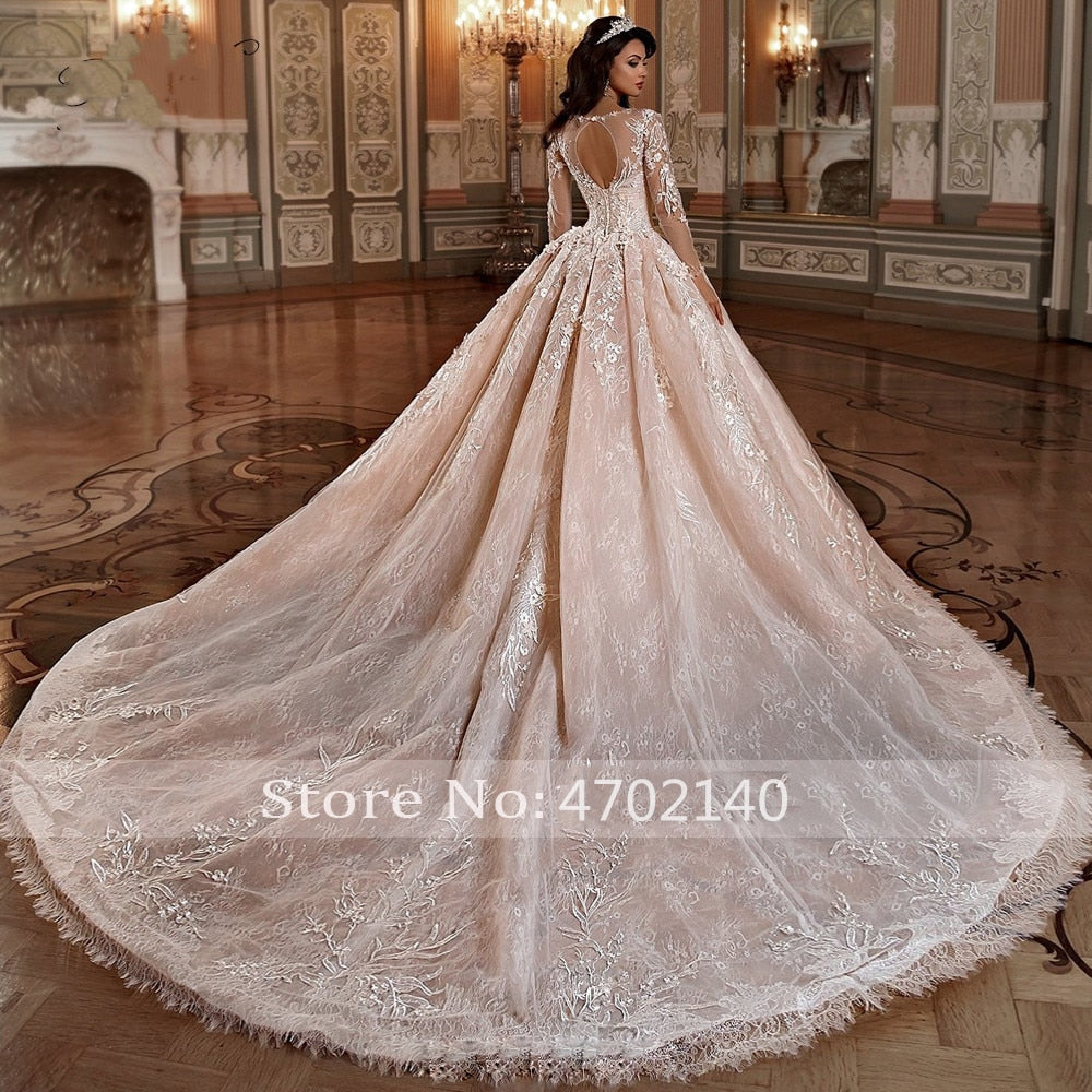Baoleely Vestidos de noiva manga longa princesa Lace Ball Gown Wedding Dresses Flower Appliques Beaded Chapel Train Vintage Bridal Gowns