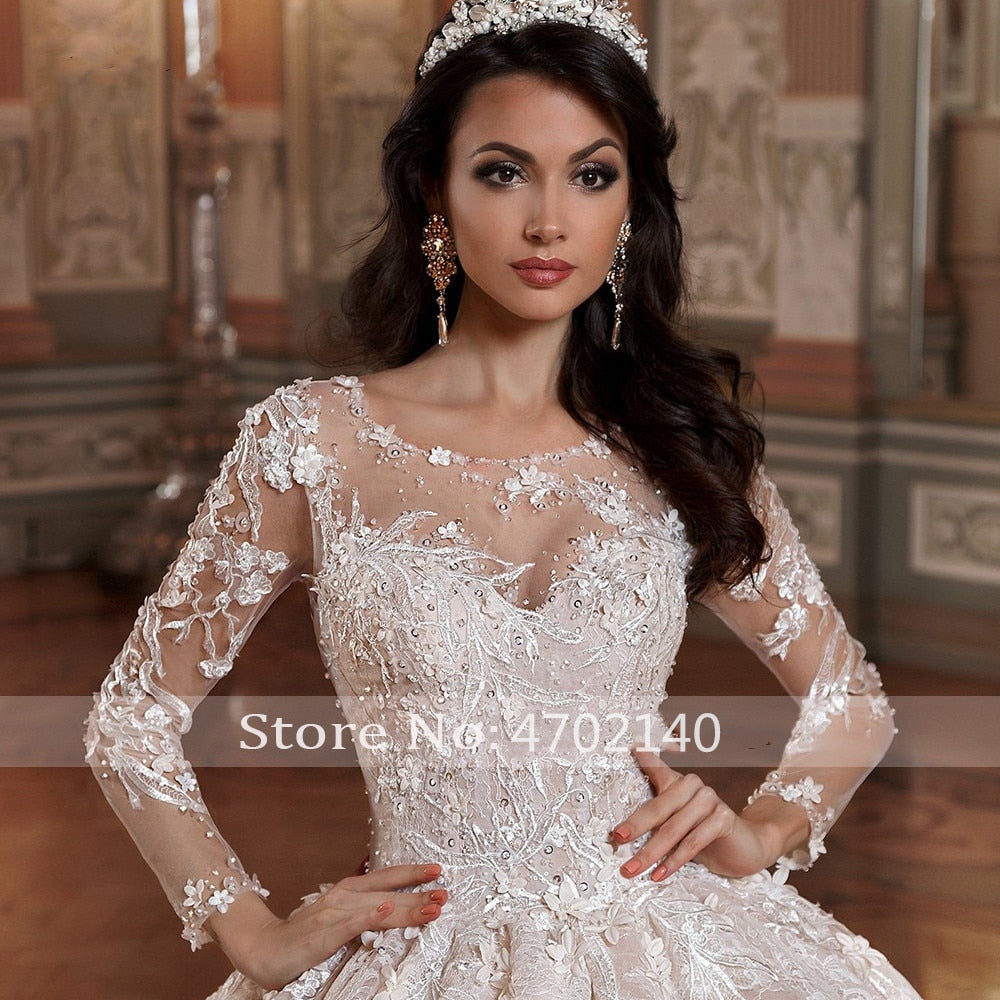Baoleely Vestidos de noiva manga longa princesa Lace Ball Gown Wedding Dresses Flower Appliques Beaded Chapel Train Vintage Bridal Gowns