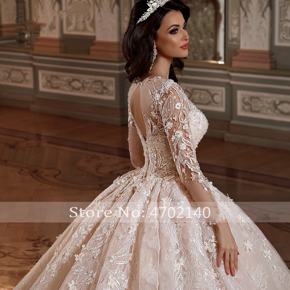 Baoleely Vestidos de noiva manga longa princesa Lace Ball Gown Wedding Dresses Flower Appliques Beaded Chapel Train Vintage Bridal Gowns