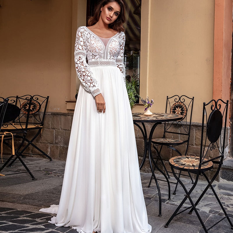 Baoleely Bohemian Lace Long Sleeve Wedding Dresses Chiffon Sweep Train Vintage Scoop Neck Bridal Gowns Pearls Beach Bridal Gown