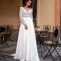 Baoleely Bohemian Lace Long Sleeve Wedding Dresses Chiffon Sweep Train Vintage Scoop Neck Bridal Gowns Pearls Beach Bridal Gown