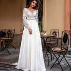 Baoleely Bohemian Lace Long Sleeve Wedding Dresses Chiffon Sweep Train Vintage Scoop Neck Bridal Gowns Pearls Beach Bridal Gown