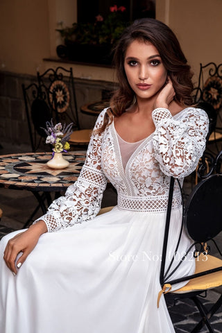 Baoleely Bohème Dentelle Manches Longues Robes De Mariée En Mousseline De Soie Balayage Train Vintage Encolure Dégagée Robes De Mariée Perles Plage Robe De Mariée