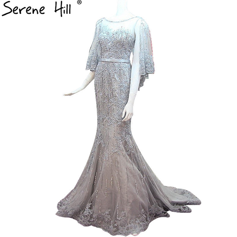 Mermaid Tulle Evening Dress Sleeveless Crystal Shawl Sequined Evening Gown shx001