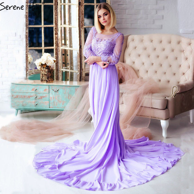 Purple Long Sleeve Beading Crystal Evening Dresses HA2096
