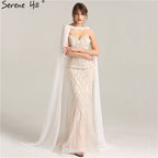 white Nude Heavy Beading Wedding Dresses  With Cap Pearls Crystal Mermaid Wedding Gown LA6098
