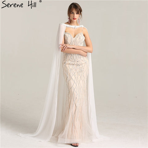 Vestido de novia blanco nude con pedrería pesada y perlas de cristal estilo sirena LA6098