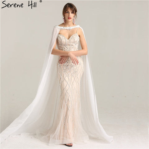 Vestido de novia blanco nude con pedrería pesada y perlas de cristal estilo sirena LA6098