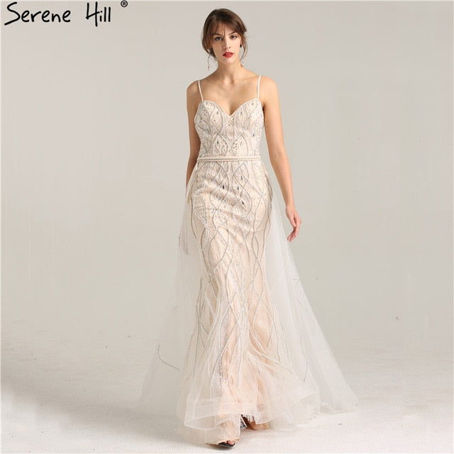 white Nude Heavy Beading Wedding Dresses  With Cap Pearls Crystal Mermaid Wedding Gown LA6098