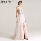 Princess Deep-V Tulle Split Evening Dresses Beading Sequined A-Line Evening Gown LA6223