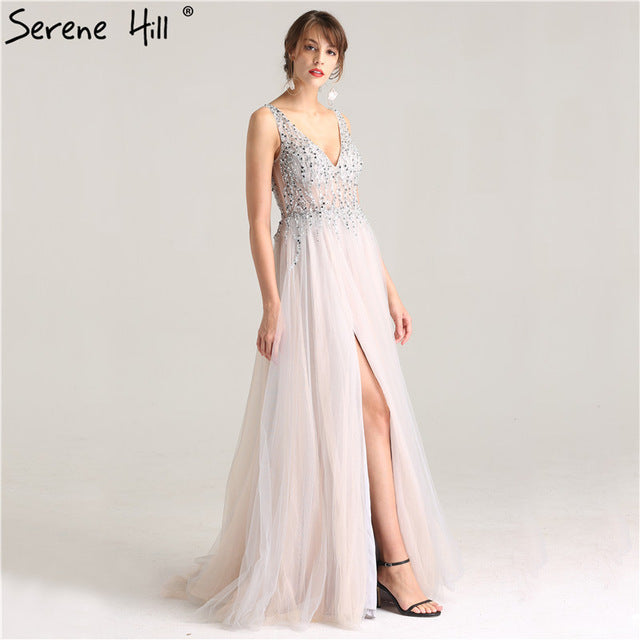 Princess Deep-V Tulle Split Evening Dresses Beading Sequined A-Line Evening Gown LA6223