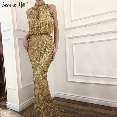 Vestido de noche de sirena con cuentas, perlas y purpurina LA6460
