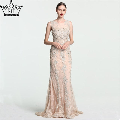 En oferta. Sin devoluciones ni reembolsos. Vestido de noche largo de sirena con encaje, sin mangas, perlas de cristal y tul (LA6117).