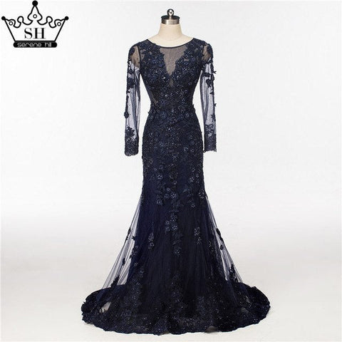 Elegantes vestidos largos de noche de tul estilo sirena con perlas y cristales LA6087