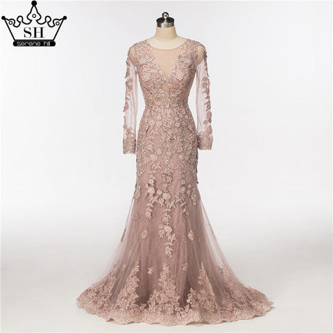 Elegantes vestidos largos de noche de tul estilo sirena con perlas y cristales LA6087