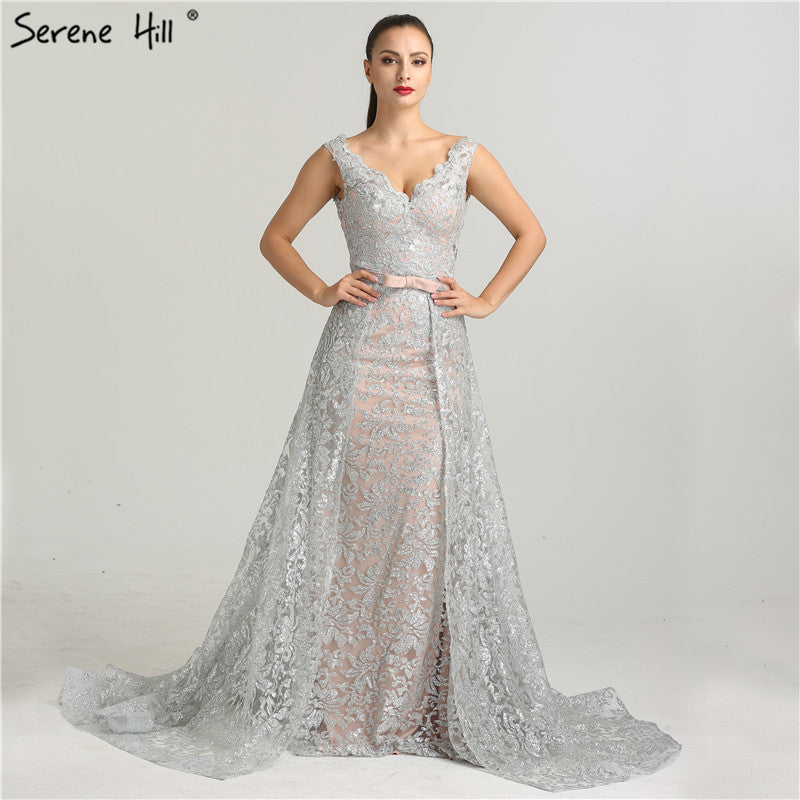 On Sale no return no refund Sale Deep-V Sleeveless Gliter Vintage Sexy Evening Dresses Mermaid Fashion Elegant With Removrable Train Evening Gown LA6235