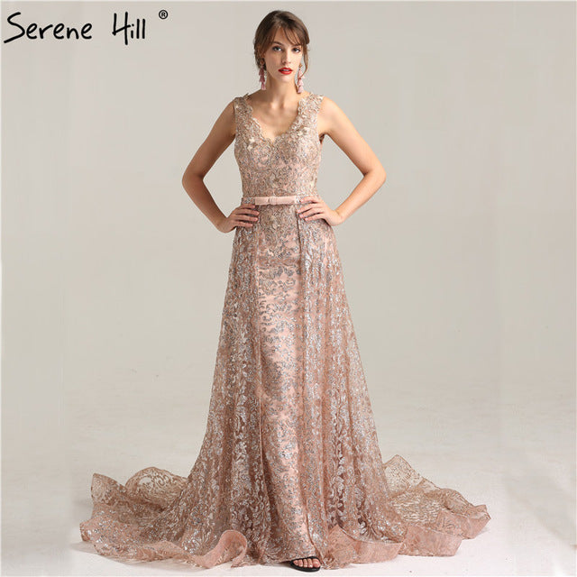 On Sale no return no refund Sale Deep-V Sleeveless Gliter Vintage Sexy Evening Dresses Mermaid Fashion Elegant With Removrable Train Evening Gown LA6235