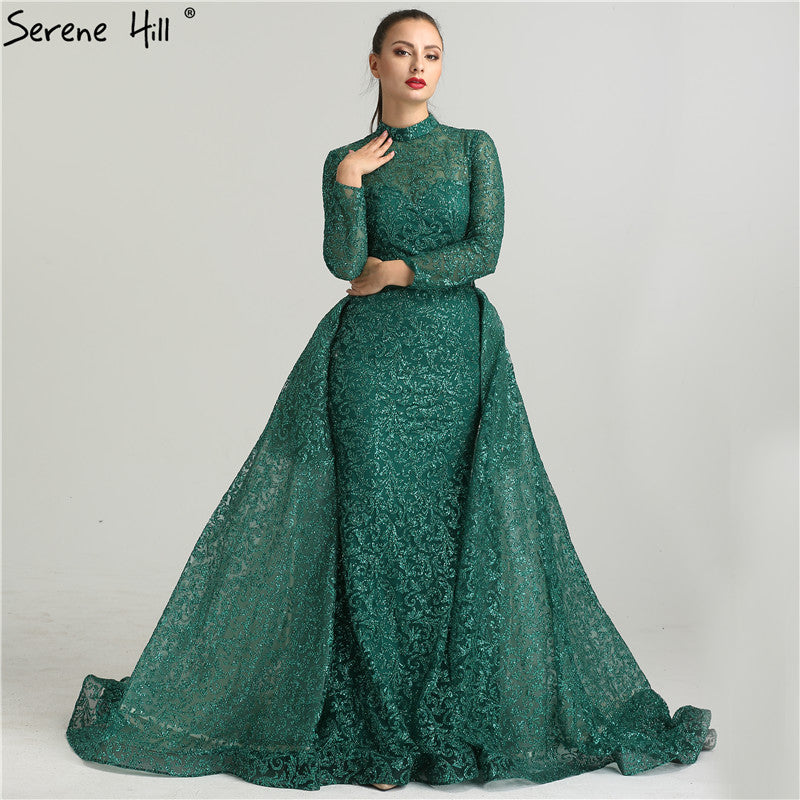 On Sale No Return No Refund Fashion Mermaid Luxury Glitter Wine Red Evening Dress Long Sleeves  Gliter  with train Evening Gowns 2025 LA6326