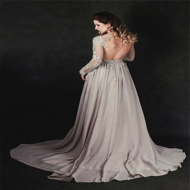 On Sale No Return No Refund Gray Beading Crystal Formal Long Sleeve Evening Dress HA2097