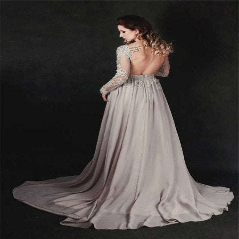 Vestido de noche formal de manga larga con cuentas de cristal gris, en oferta. No se aceptan devoluciones ni reembolsos. HA2097