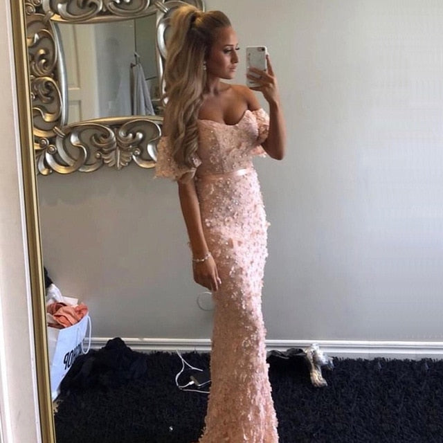 On Sale no return no refundSexy Strapless Short Sleeves Mermaid Evening Dresses 2025 Embroidery Pearls Fashion Evening Gowns LA6519