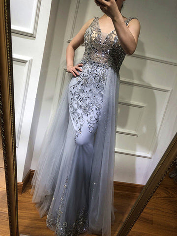 Robe de soirée longue bleu marine à perles et traîne, en tulle et cristaux, tenue de soirée formelle 2025 LA6185