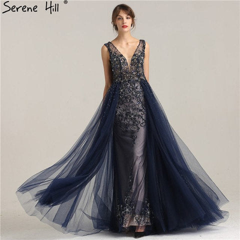 Robe de soirée longue bleu marine à perles et traîne, en tulle et cristaux, tenue de soirée formelle 2025 LA6185