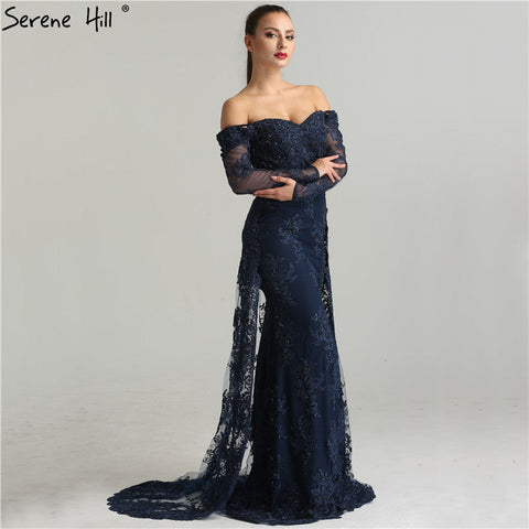 En oferta. Sin devoluciones ni reembolsos. Vestidos de noche sexys con bordado de perlas y manga larga. Moda 2025. Elegante vestido de noche de sirena con encaje LA6377.
