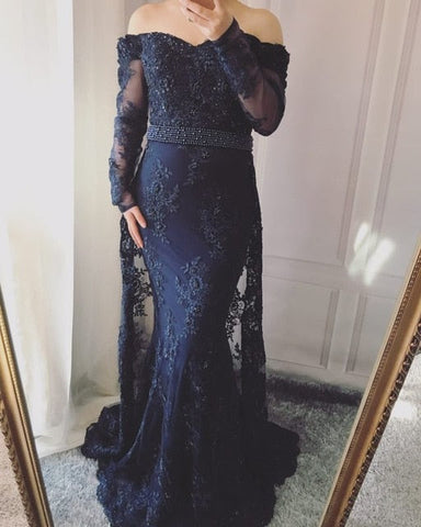 En oferta. Sin devoluciones ni reembolsos. Vestidos de noche sexys con bordado de perlas y manga larga. Moda 2025. Elegante vestido de noche de sirena con encaje LA6377.