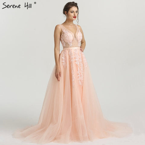 En oferta, sin devoluciones ni reembolsos. Vestido de noche rosa con escote en V profundo, espalda descubierta, apliques, perlas y mangas, ideal para fotografía (HA2160).