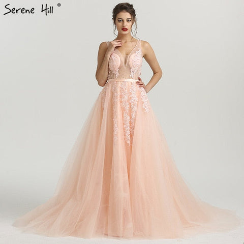 En oferta, sin devoluciones ni reembolsos. Vestido de noche rosa con escote en V profundo, espalda descubierta, apliques, perlas y mangas, ideal para fotografía (HA2160).