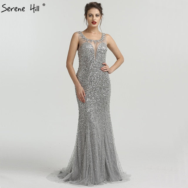 On Sale no return no refundSale Grey Luxury Sleeveless Sexy Evening Dresses Elegant Mermaid Sequined Sparkle LA6580