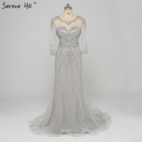Robe de soirée sirène transparente à manches longues et perles en tulle pailleté LA6395