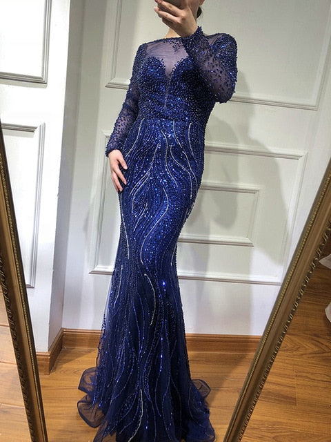 Mermaid Formal Evening Dresses Long Sleeves Beading Evening Gowns LA6506