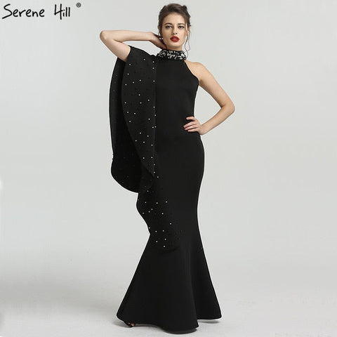 En oferta. Sin devoluciones ni reembolsos. Diseño elegante. Vestido de noche sirena negro de cuello alto con perlas, sin mangas, largo QA8024