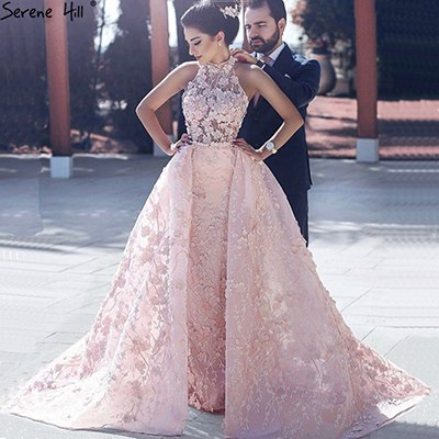 Romantic Pink Flowers Lace Evening Dresses Sleeveless LA6109