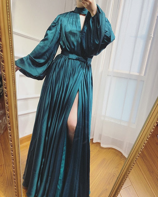 On Sale no return no refundSale Satin High Collar Evening Dresses Long Sleeves Beach Formal Evening Gowns LA6517