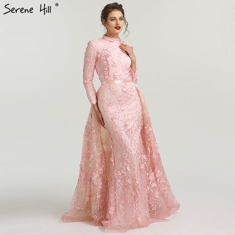 En solde, aucun retour ni remboursement. Robe de soirée à col montant, motif romantique rose, fleurs faites à la main, coupe trapèze, LA6308